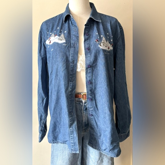 Vintage 90s Northern Reflections 100% Cotton Christmas Holiday‎ Denim Button Up - Picture 8 of 14